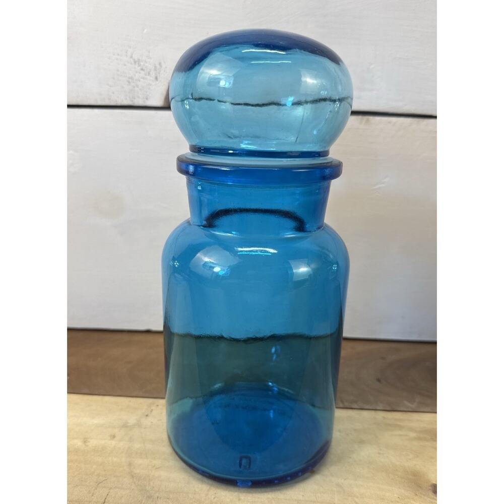 7" Vintage Belgium Blue Glass Apothecary Jar with Bubble Lid Seal